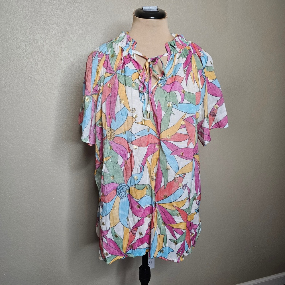 Alex & Parker Womens 2X Floral Abstract Gold Foil Blouse Multi-Color Peasant top
